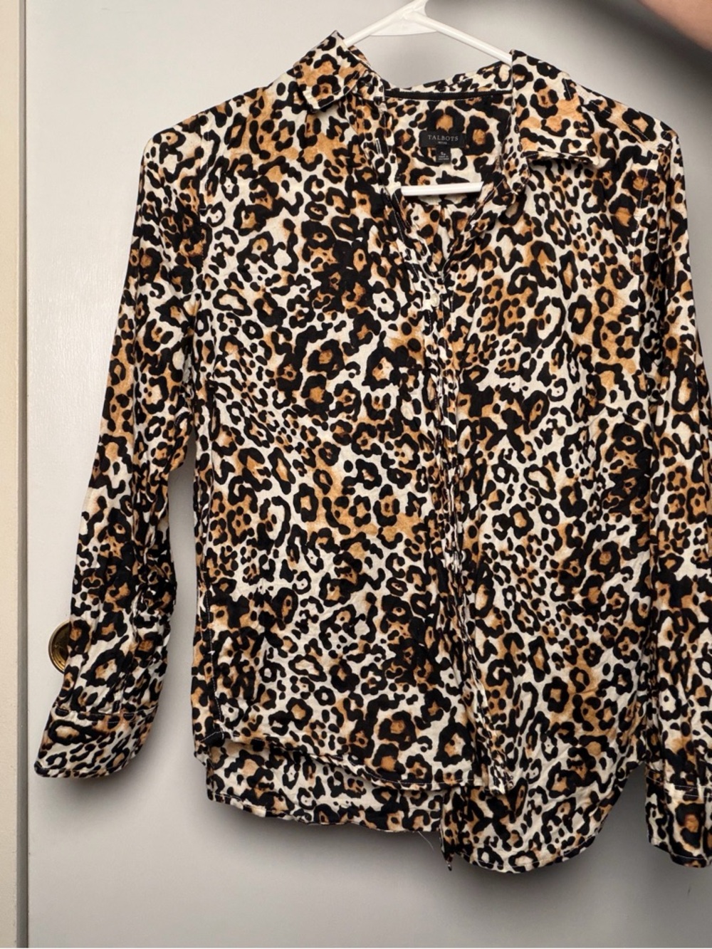 Talbots Leopard Print Long-Sleeve Button-Front Blouse in Tan and Black
